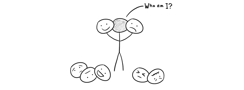 Sketch: stick figure holding several masks, asking "Who am I?"