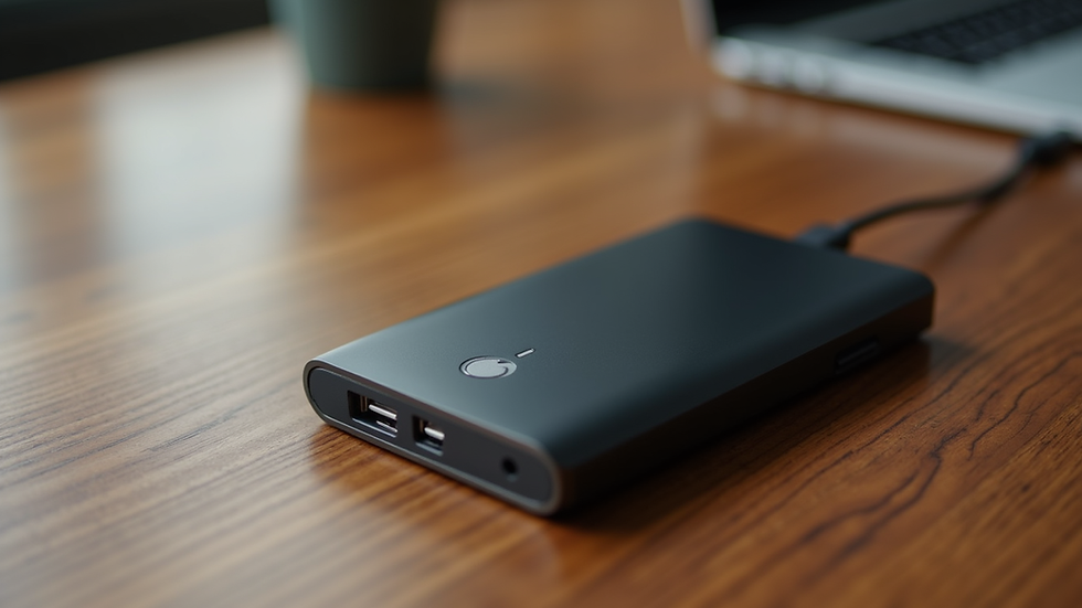 Close-up view of a high-quality power bank on a wooden table