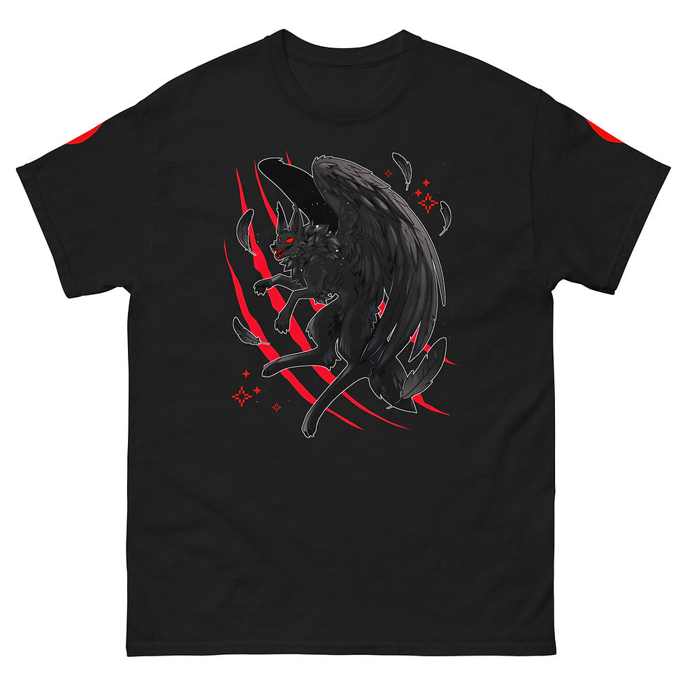 art of a black wolf with wings on a shirt
