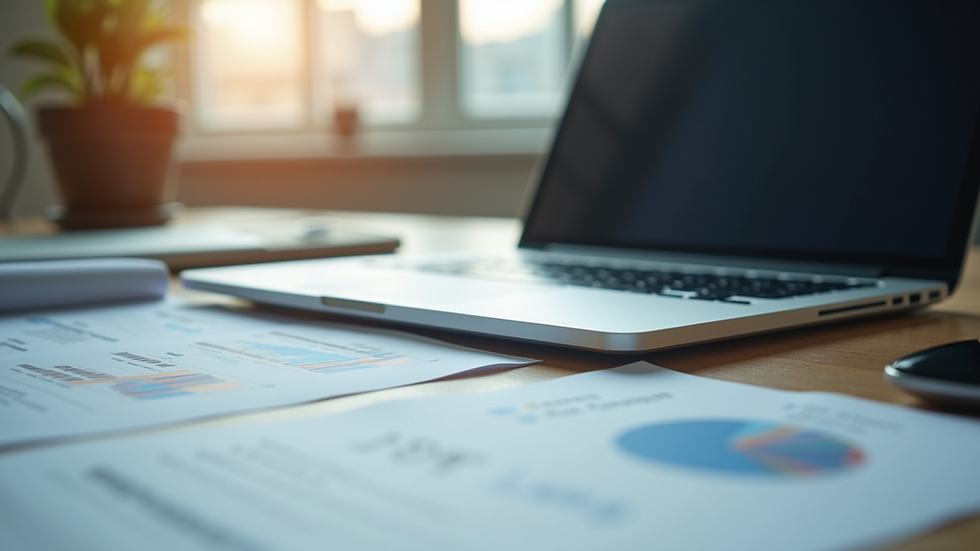 Close-up view of a laptop on a table with financial documents