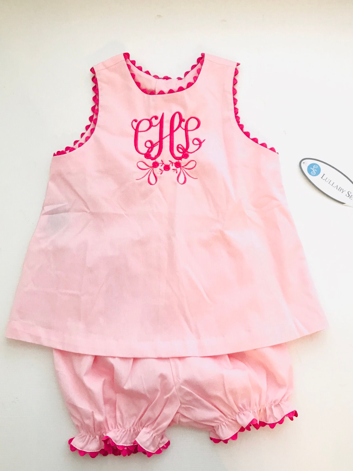 Lullaby Set Pink Bloomer Set with Hot Pink Ric 12, 2t