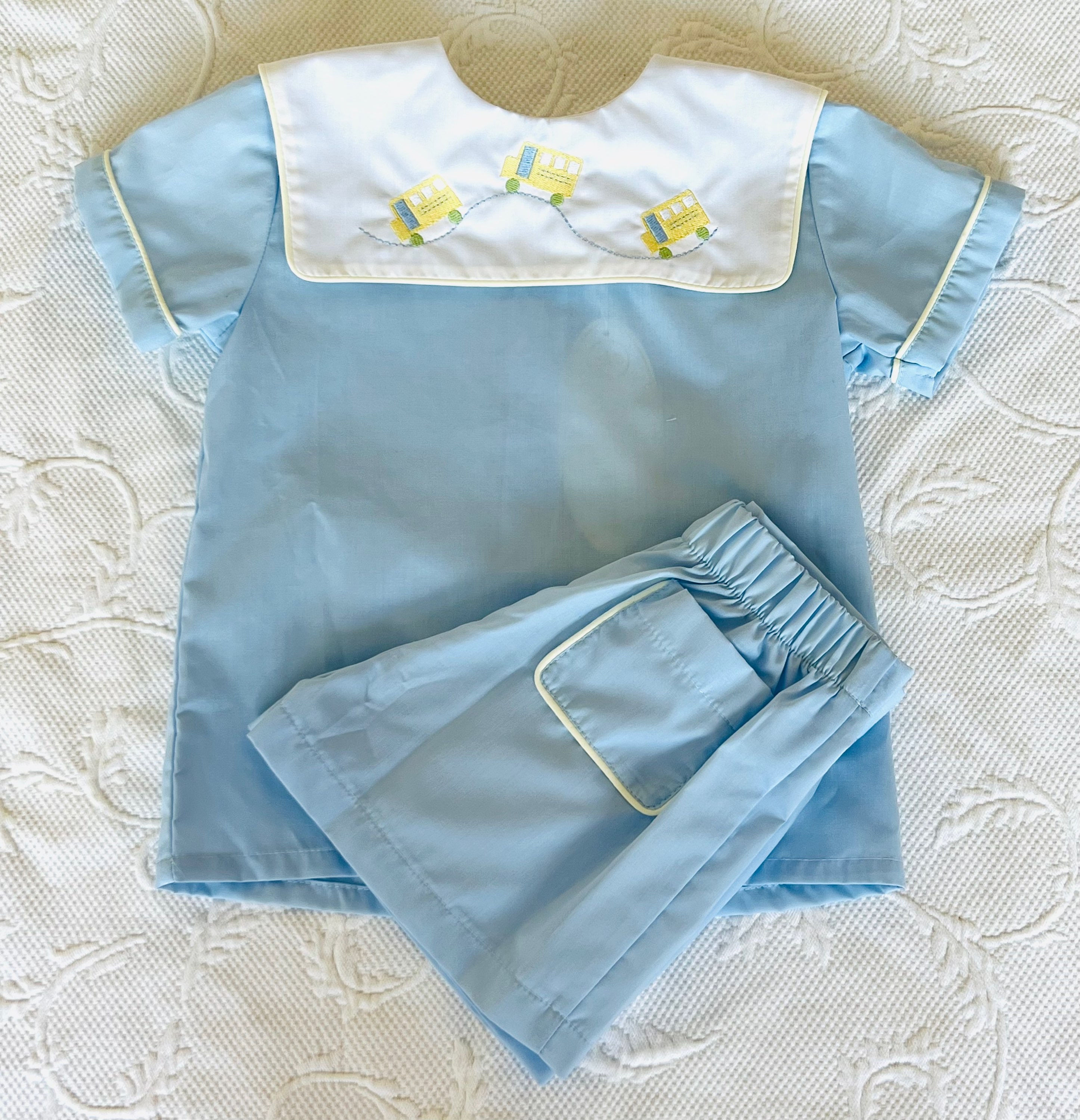 Lullaby Set School Bus Light Blue with Yellow Trim Short Set 2t