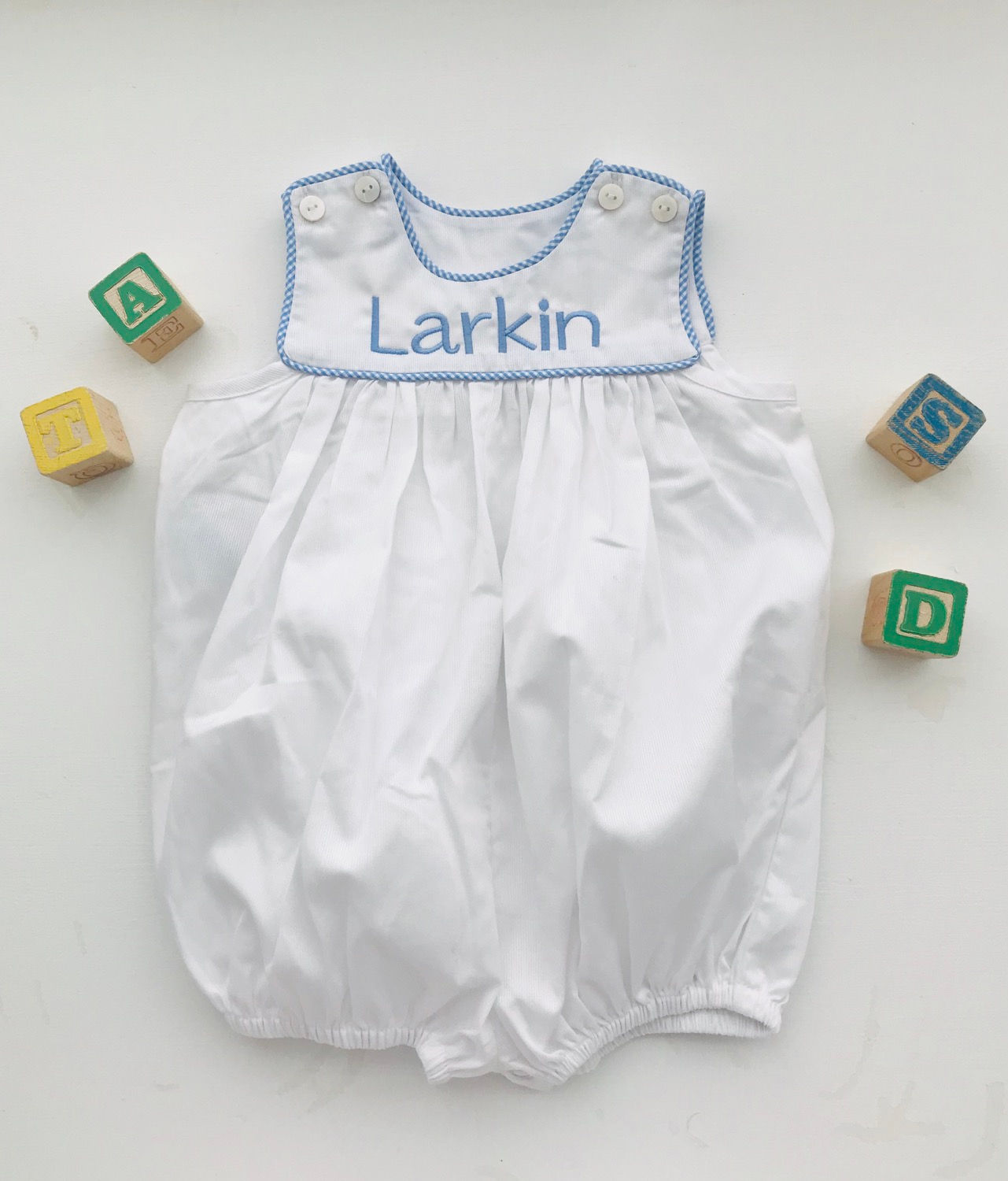 Lullaby Set White Pique Yoke Bubble with Blue Gingham Trim 24mo, 2t