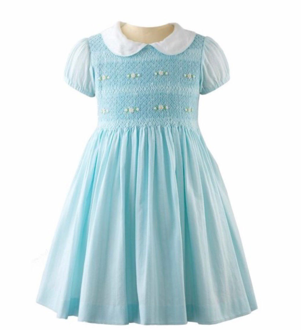 Rachel Riley Aqua Flower Smocked Dress