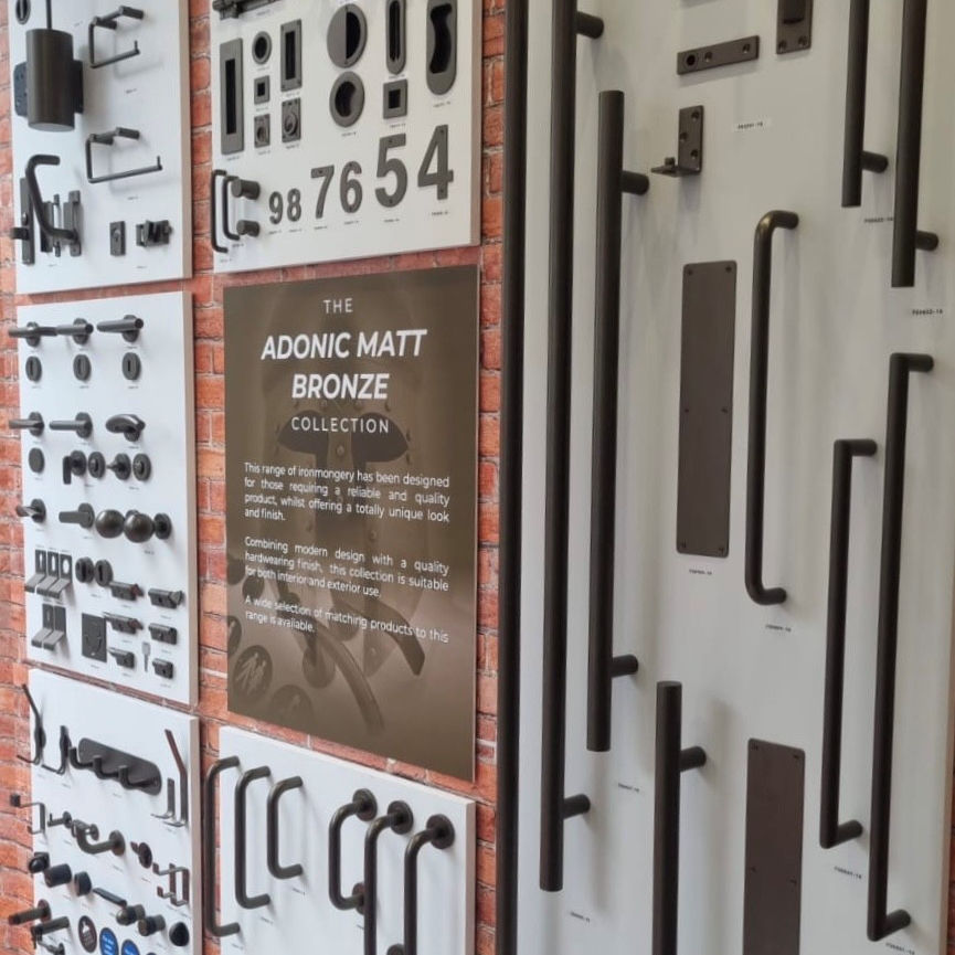 Poole Waite's Adonic Matt Bronze ironmongery collection on display in their Clerkenwell showroom