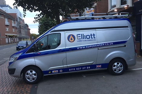 Elliott Chimney Services van - silver and blue van with the Elliott Chimney Services logo on the side.