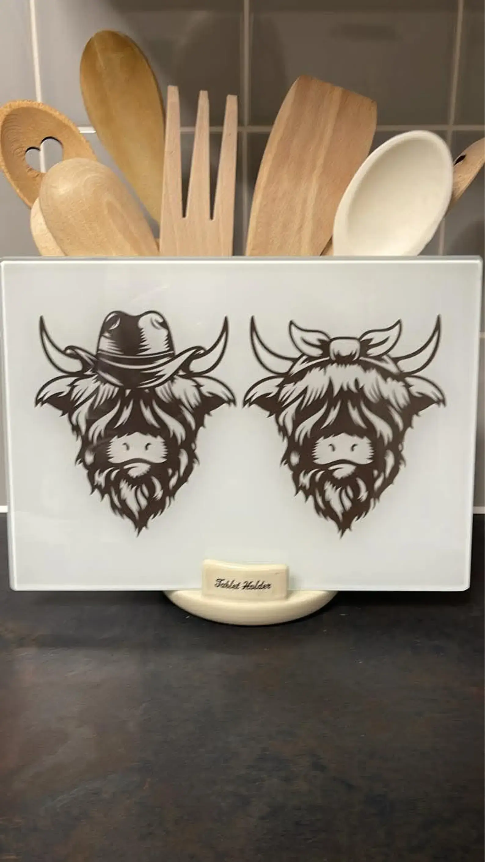 Mr & Mrs Highland Cow Glass Chopping Board