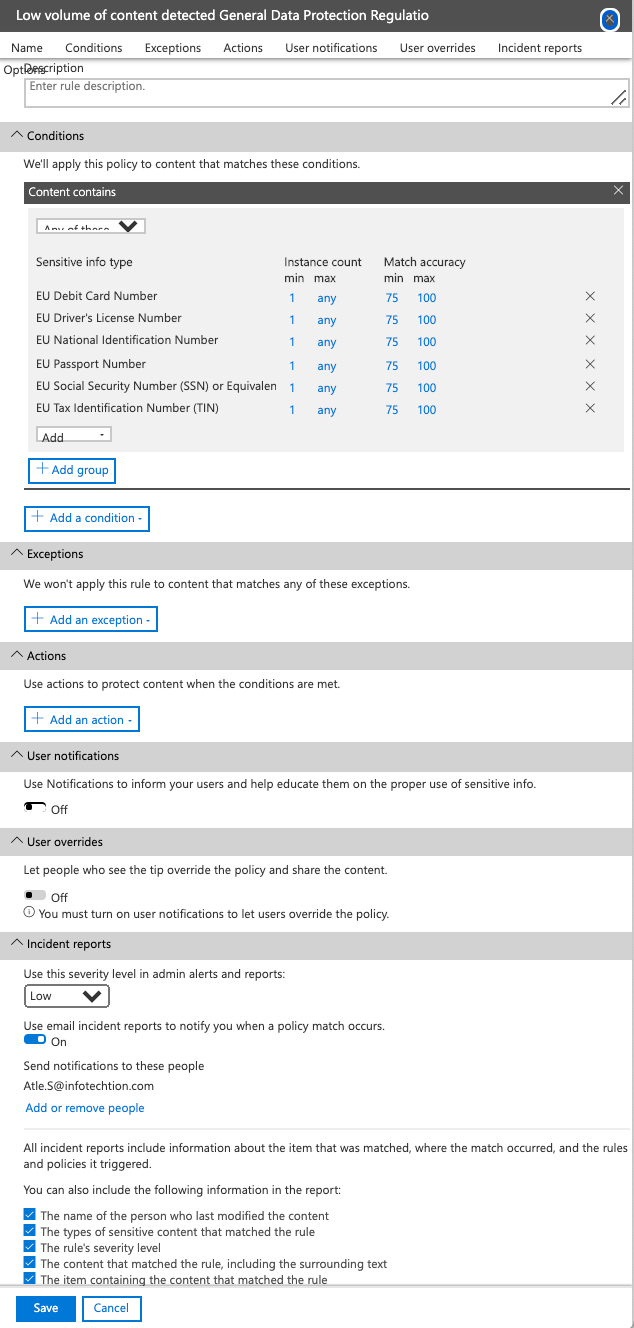 DLP policy settings to automate office 365 compliance