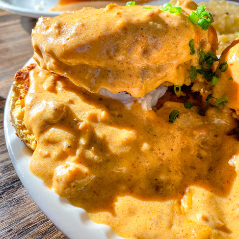 Sweet Potato Biscuits & Gravy: Two Poached Eggs, Scallions, Chorizo Gravy