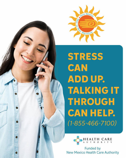 Smiling woman on phone; Stress can add up; talking it through can help (1-855-466-7100)