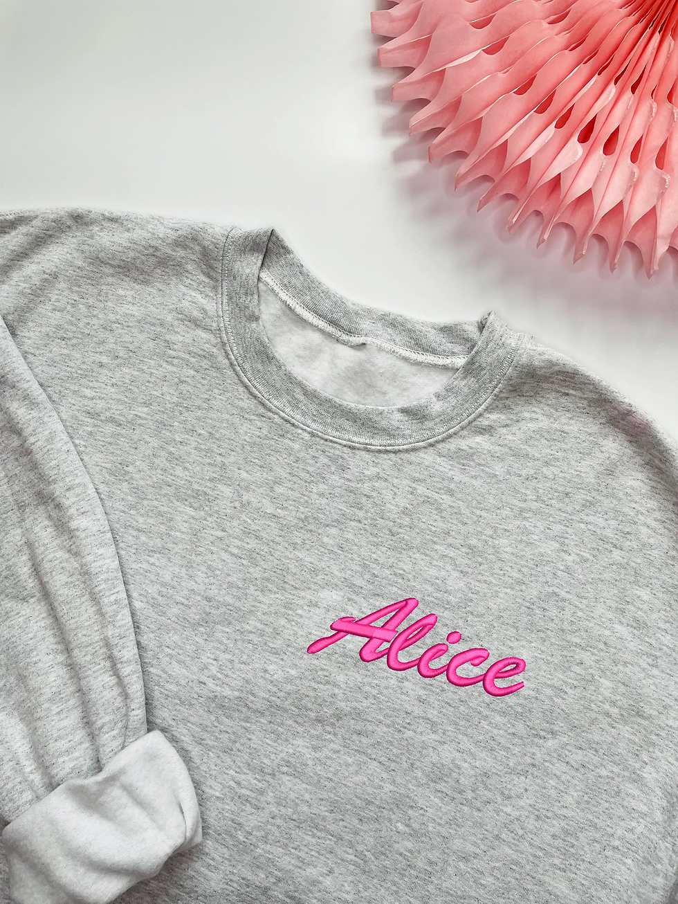 Grey sweatshirt pink name text front