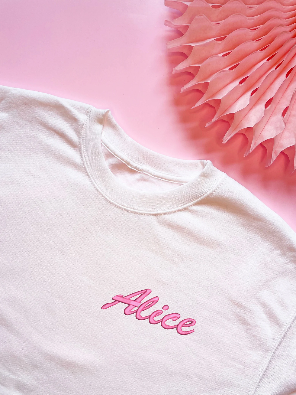 White sweatshirt pink name text front