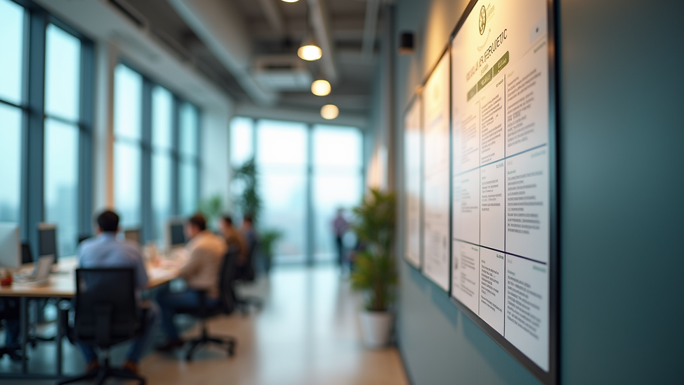 Eye-level view of a modern office space with a recruitment board