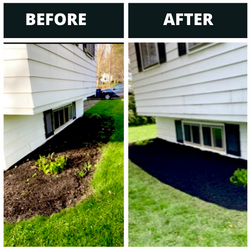 Before and after image showcasing the transformation of a mulch job by Georgie's Handyman Service. The 'before' image displays a garden bed with bare soil and minimal vegetation, while the 'after' image presents a beautifully mulched garden bed with fresh layers of mulch, adding visual appeal and providing moisture retention and weed suppression benefits