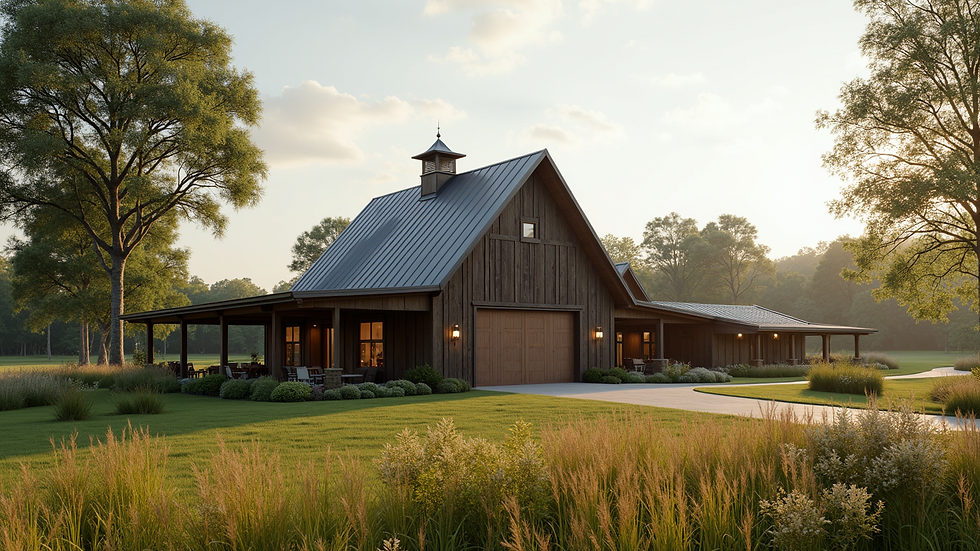 Wide angle view of a beautifully crafted barndominium amidst natural surroundings
