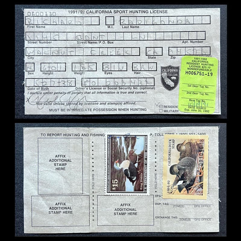 1991-92 California Hunting License s/n 6751-19