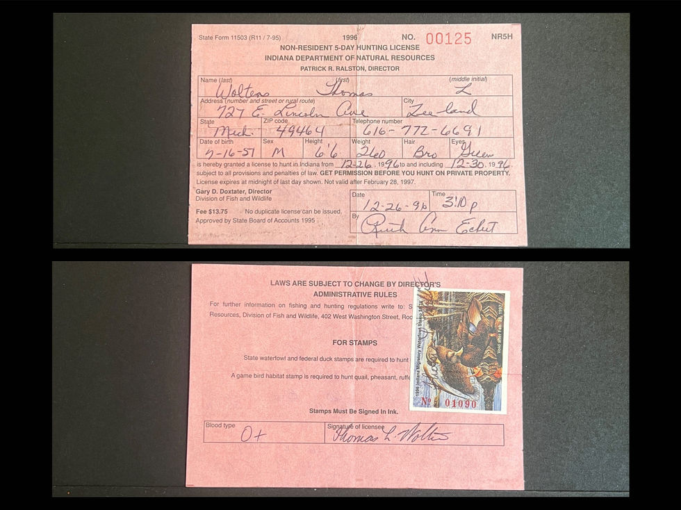 Indiana 1996 Hunting License Non-Resident's/n 00125