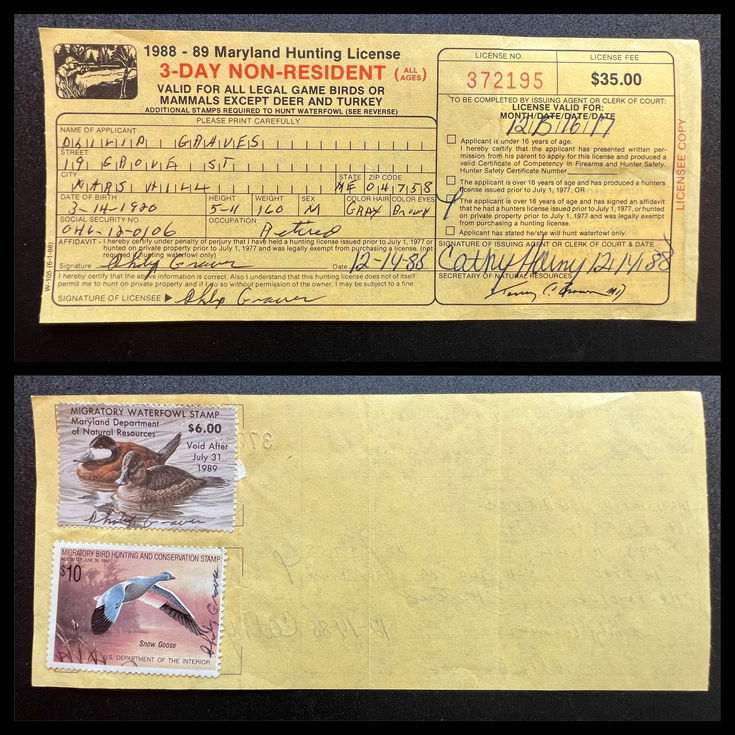 Maryland 1988-89 Hunting License 3-Day NR's/n 372195 w/RW55 Snow Goose