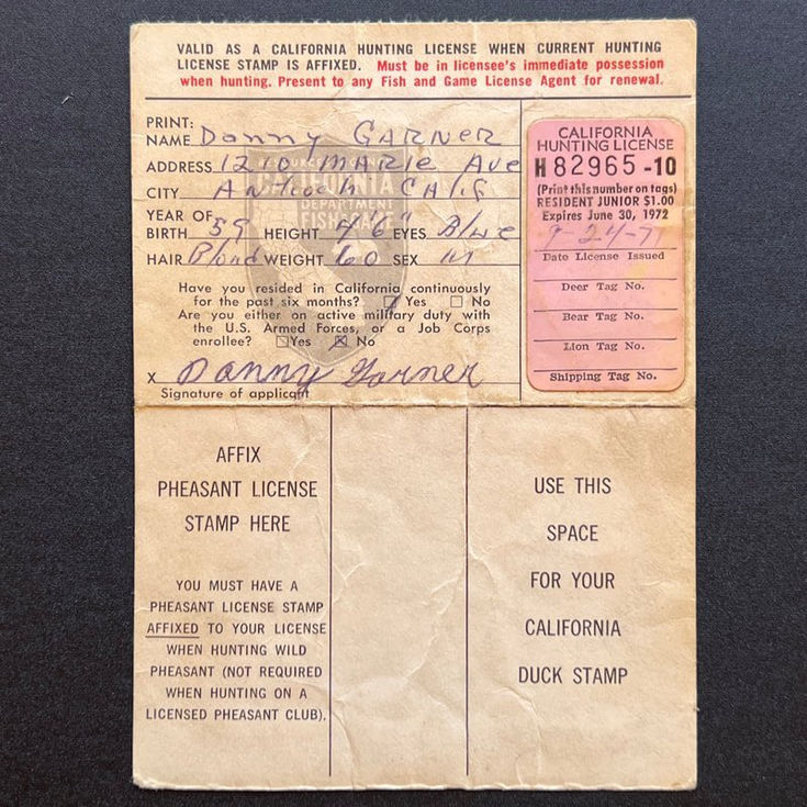 1971-72 California Hunting License s/n 82965-10 Junior