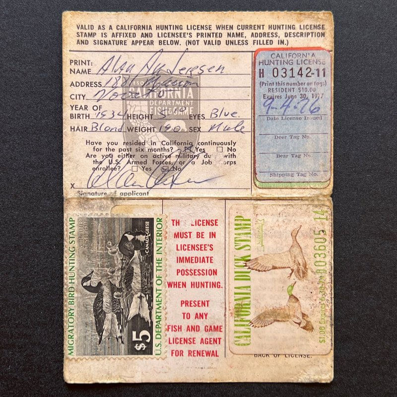 1974-77 California Hunting License s/n 3142-11 Multiple RW40 on back