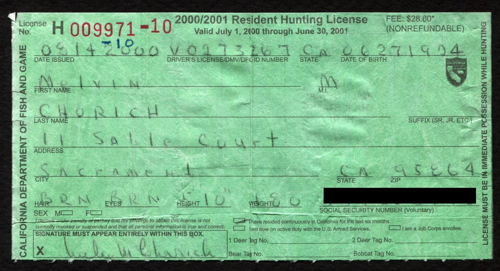 2000-01 California Hunting License s/n 9971