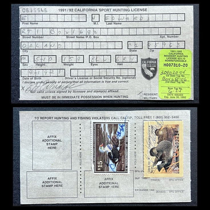 1991-92 California Hunting License s/n 7310-20