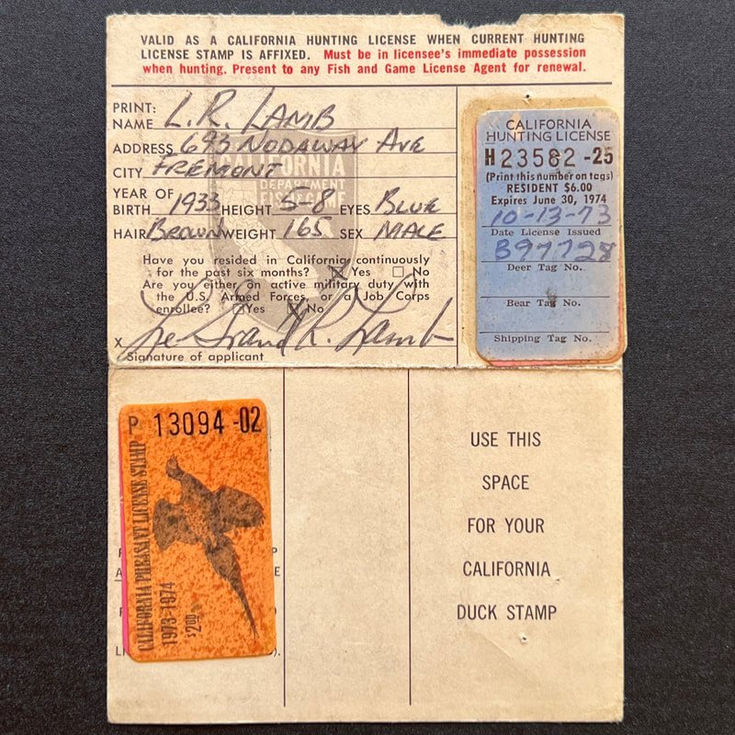 1972-74 California Hunting License s/n 23582-25 Multiple