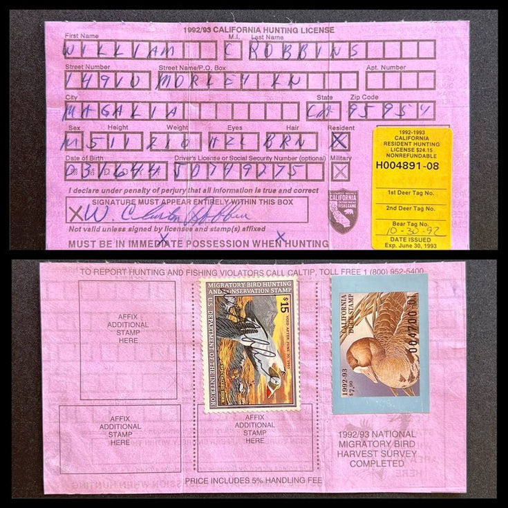 1992-93 California Hunting License s/n 4891-08