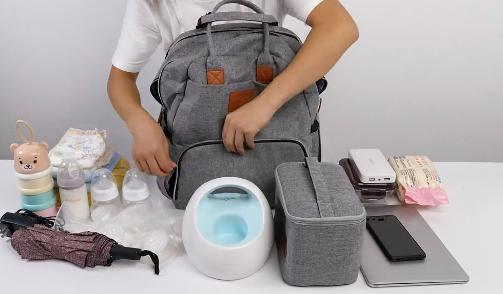 Mom packing diaper bag backpack with breast pump, cooler, milk bottles, and other baby supplies