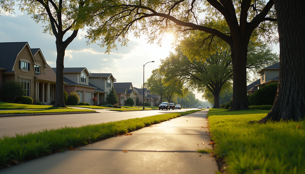 Eye-level view of a suburban Dallas neighborhood with single-family homes and tree-lined streets