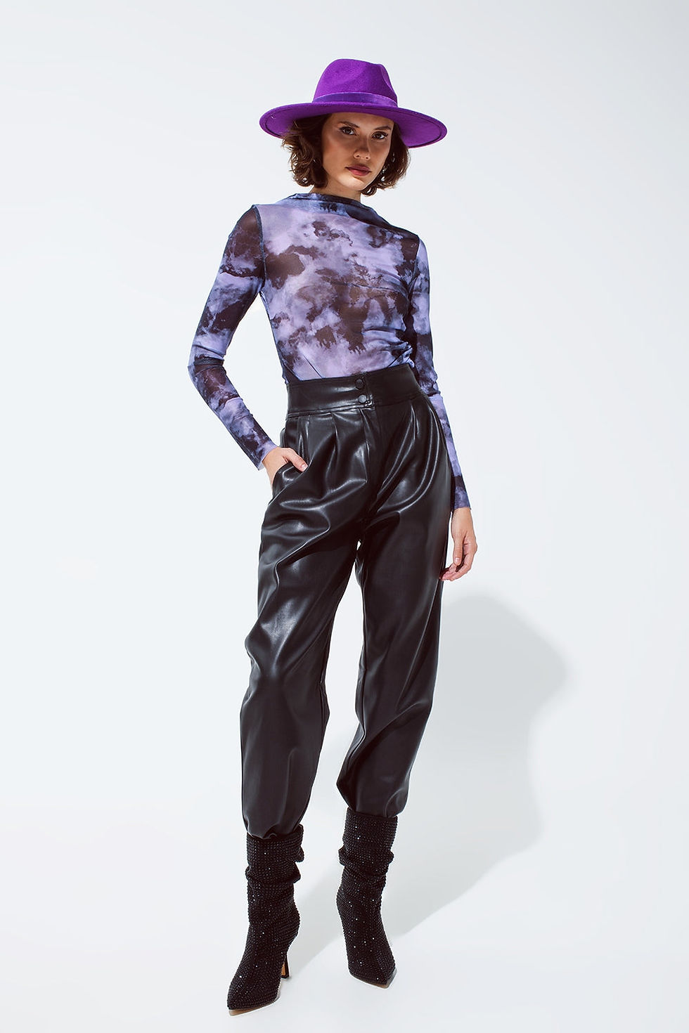 Thumbnail: Abstract Purple Print Mesh Top with Side Rouching