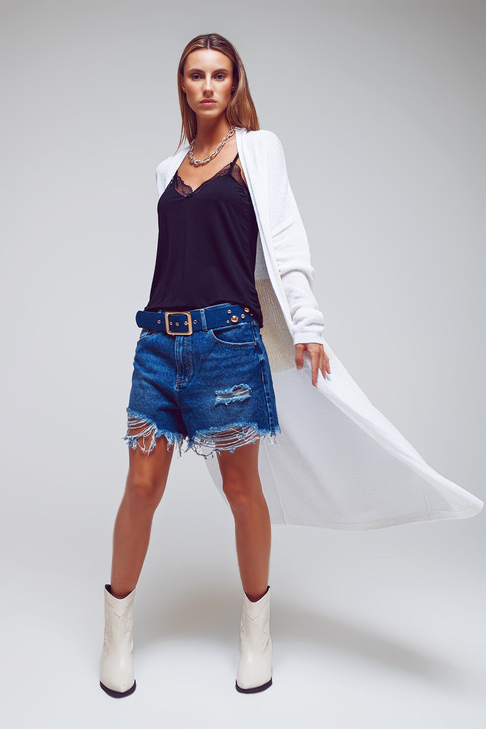 Midi Colourblock Trendy Cardigan in White