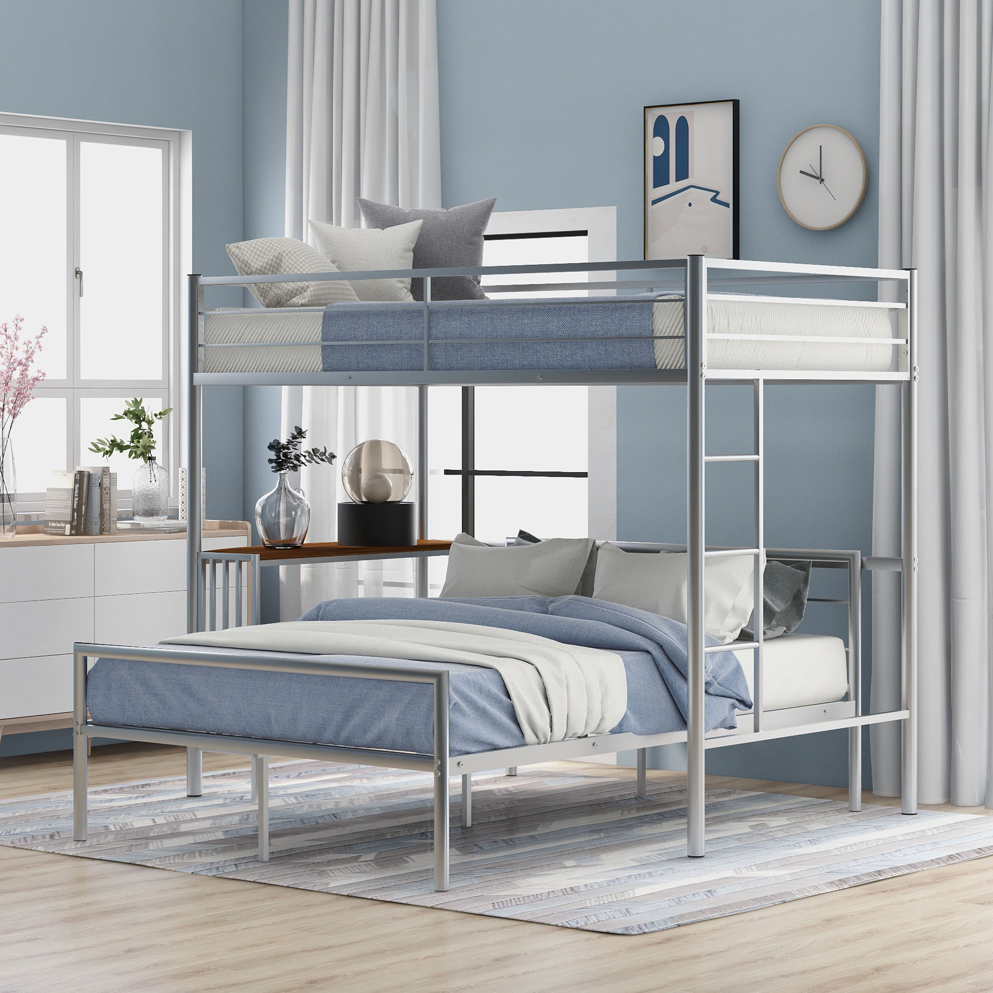 Twin Over Full Metal Bunk Bed with Desk, Ladder and Quality Slats for Bedroom, M