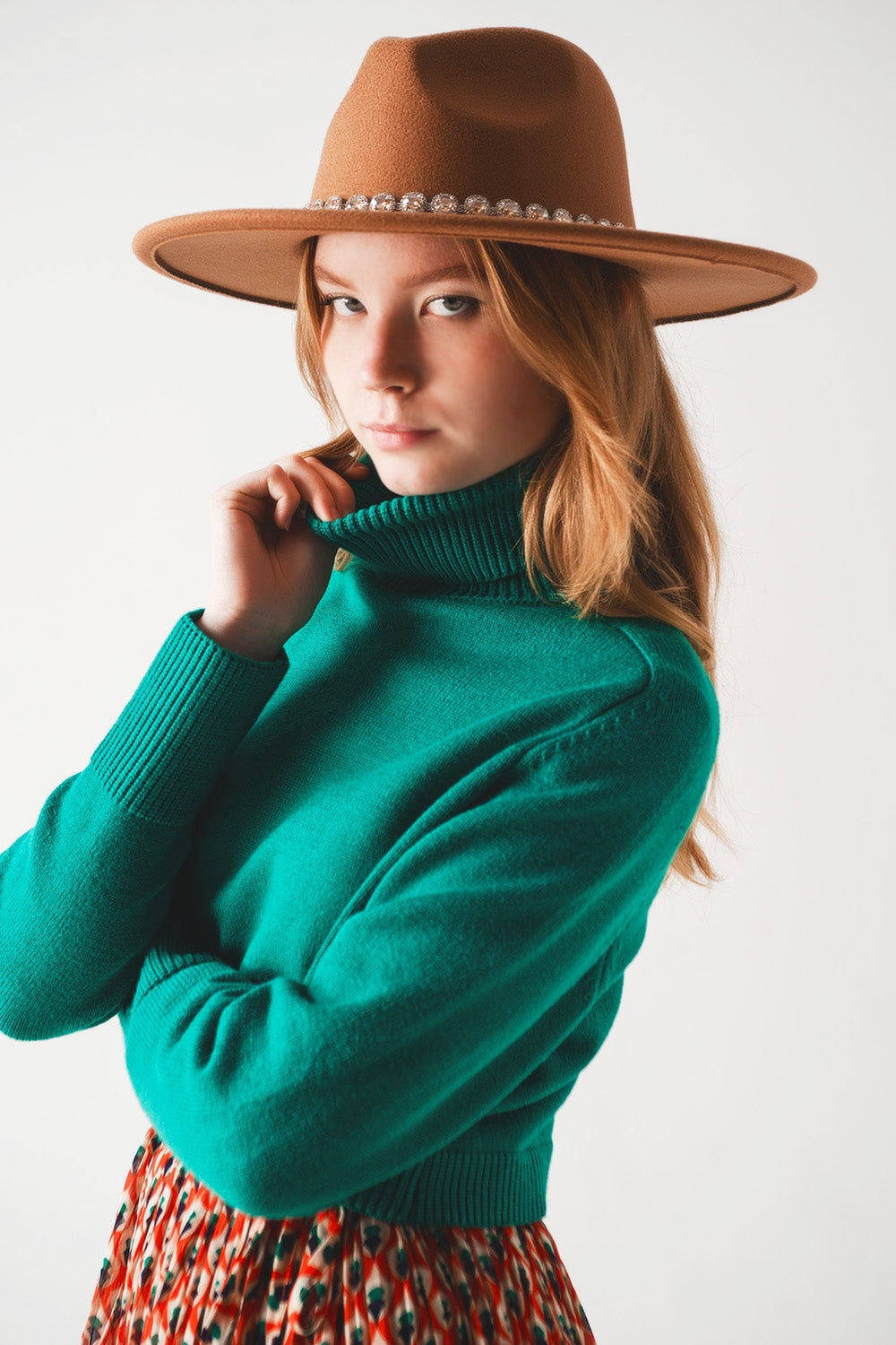 High Neck Cropped Trendy Jumper in Green