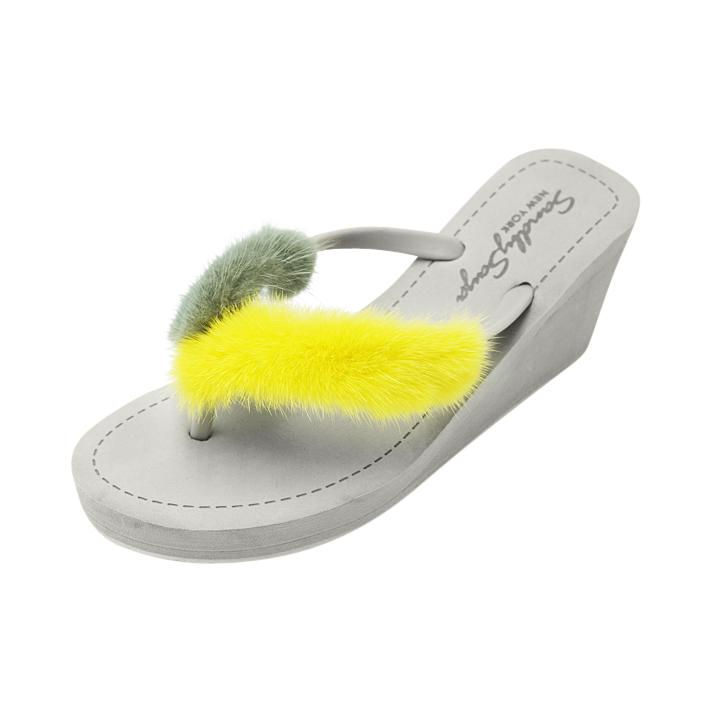 Thumbnail: 🩴Mink_Pink & Green - Authentic Fur-Adorned Women's Elevated Wedge Flip Flops