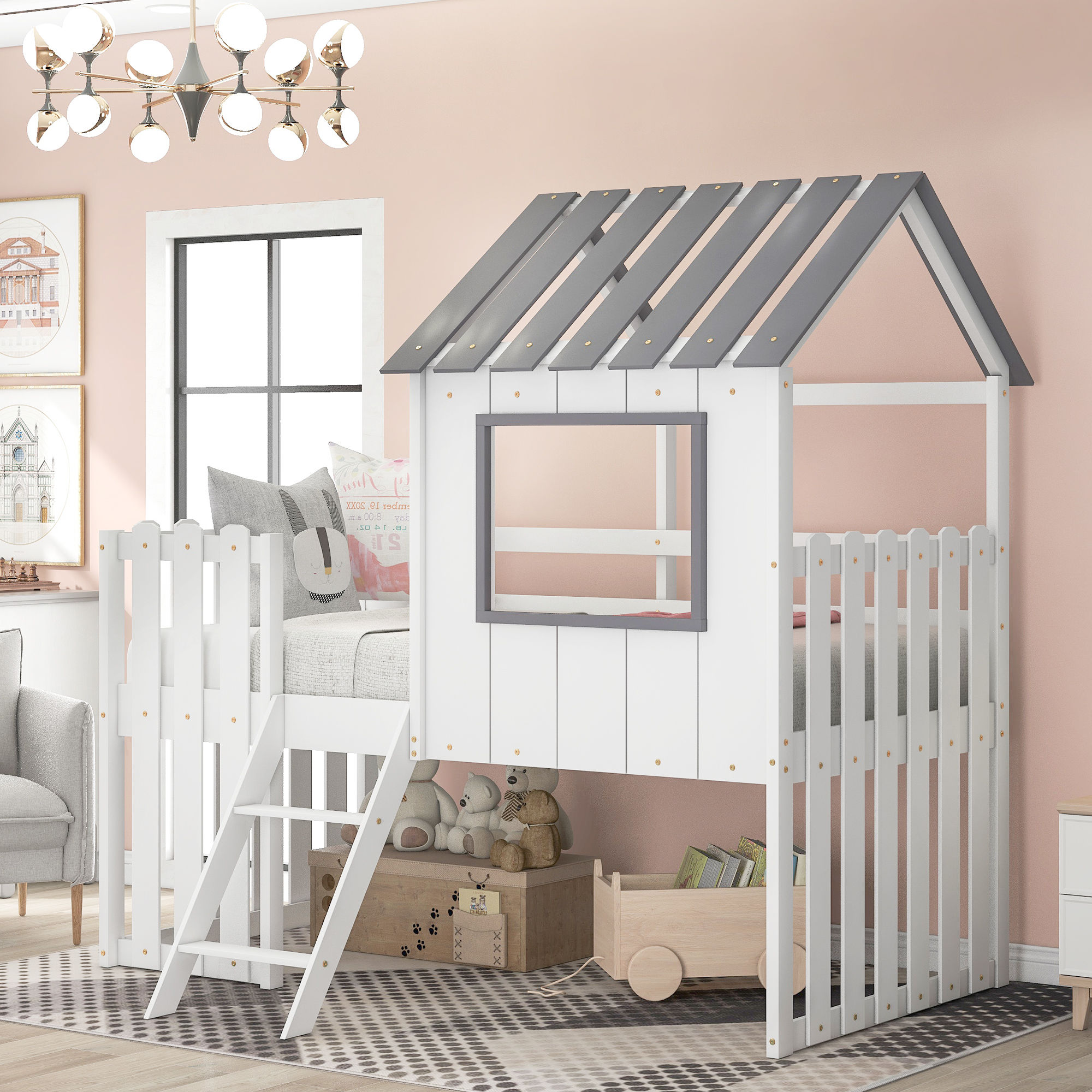 Loft House Bed with Rustic Fence-Shaped Guardrail, White