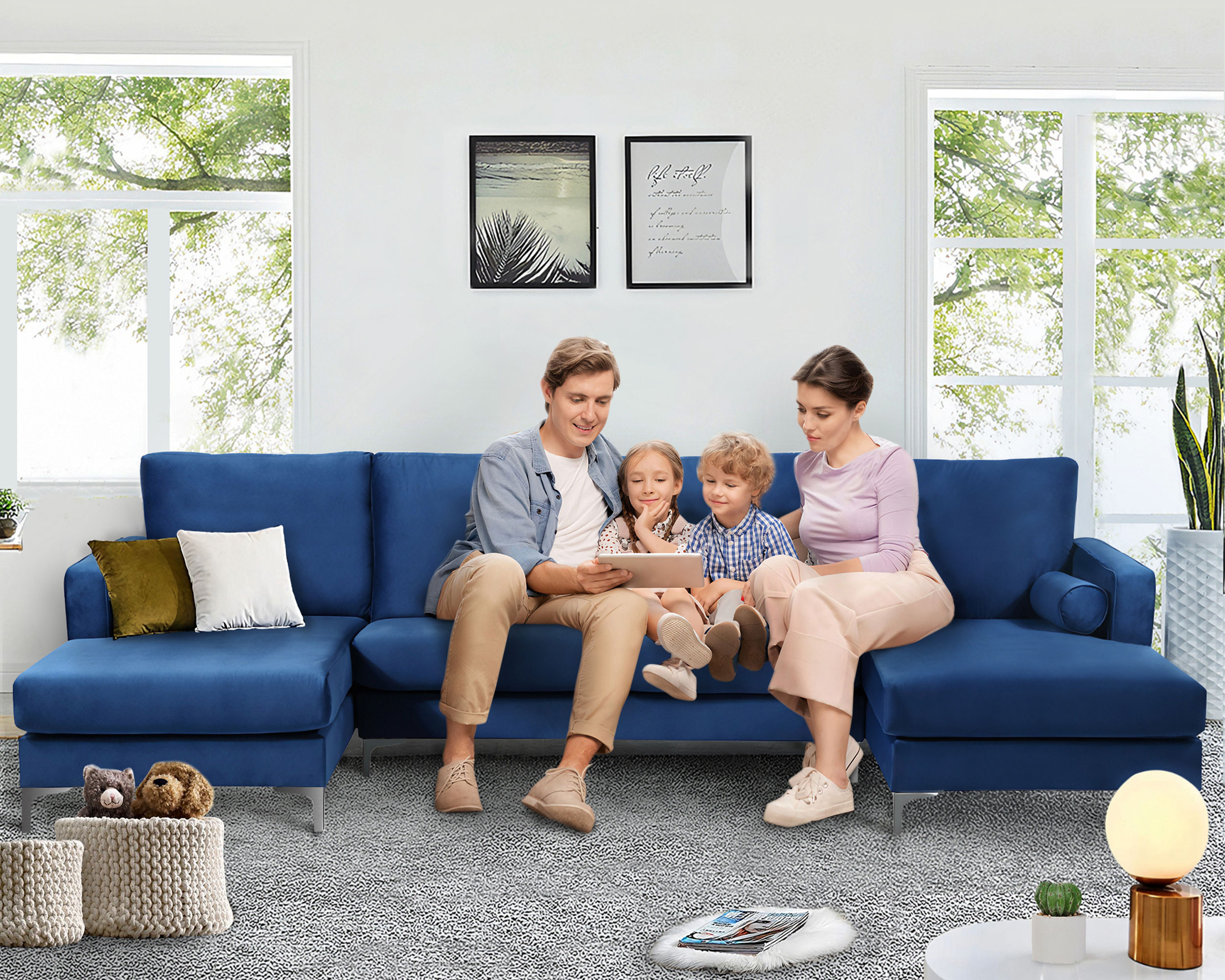 Sectional Sofa with Two Pillows, U-Shape Upholstered Couch with Modern Elegant V
