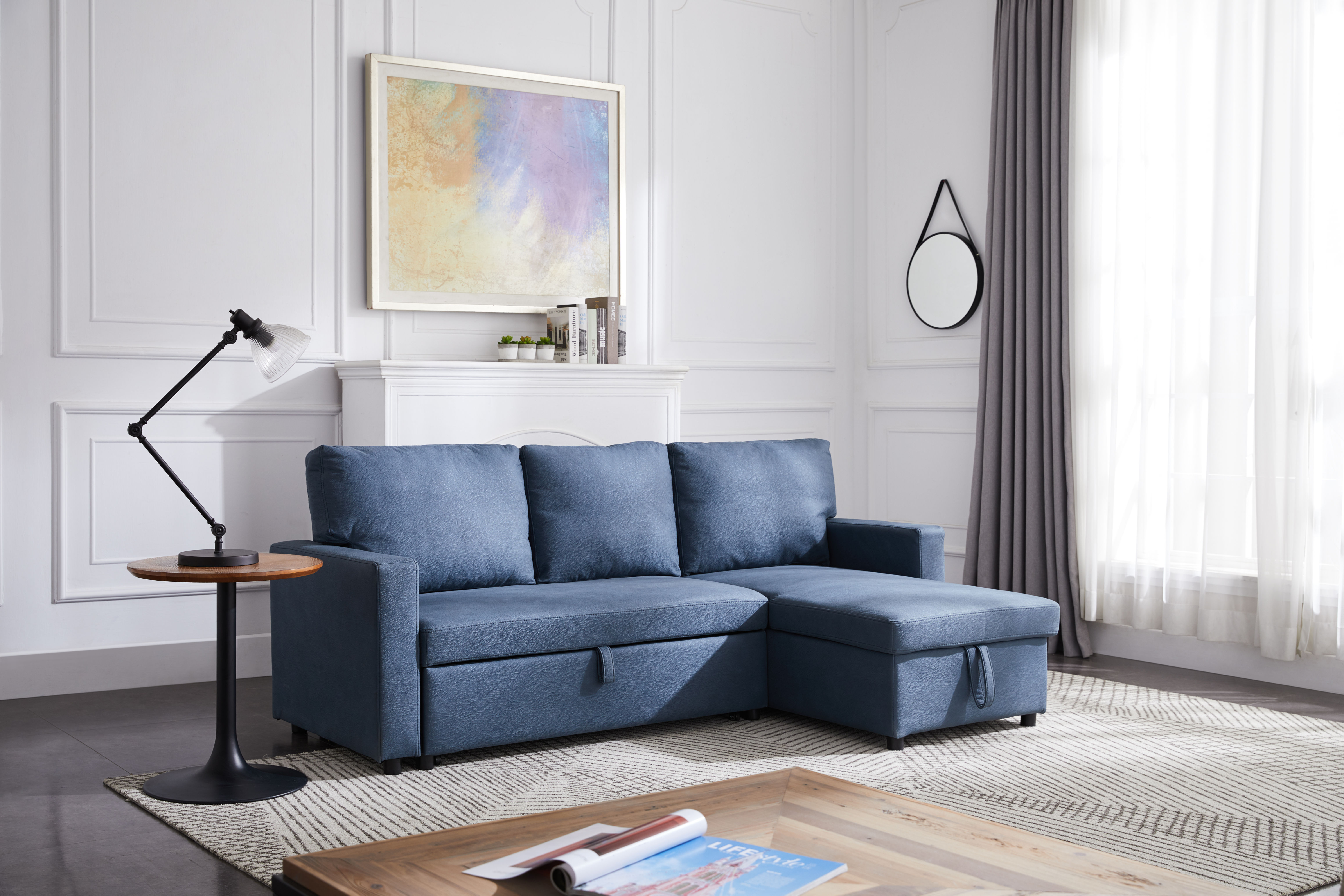 Sectional sofa with pulled out bed, 2 seats sofa and reversible chaise with stor