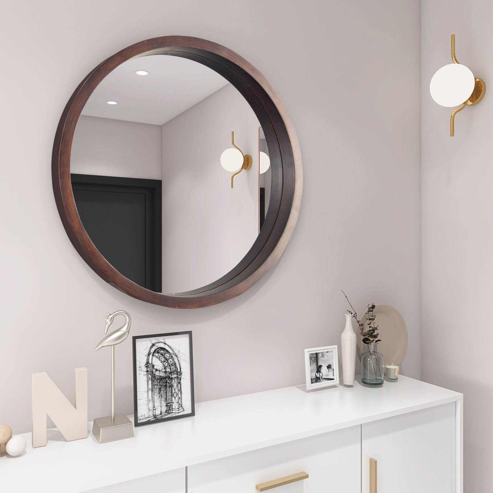 Circle Mirror with Wood Frame, Round Modern Decoration Large Mirror for Bathroom