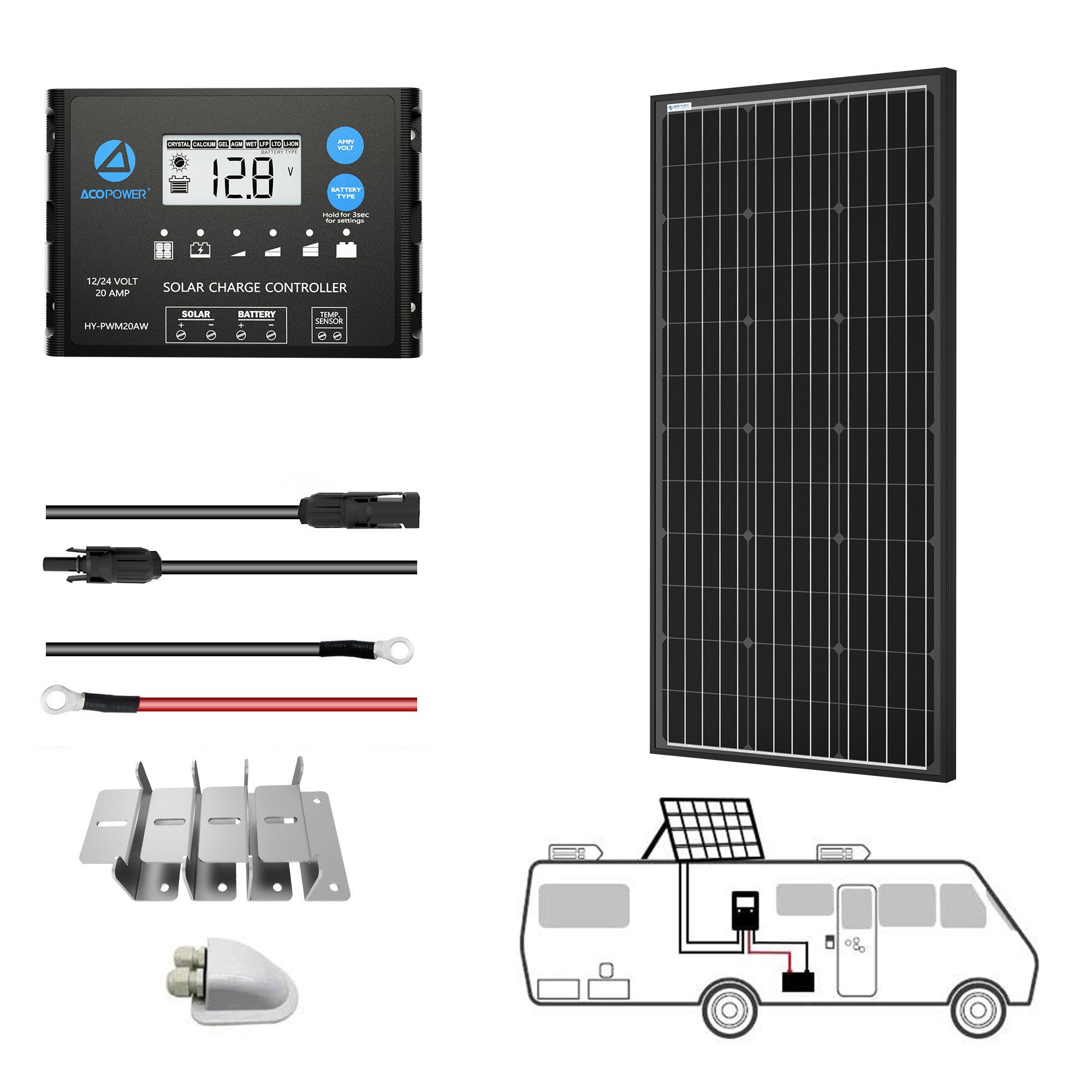 ⚡ACOPOWER 100W 12V Mono Solar RV Kits, 20A PWM Charge Controller