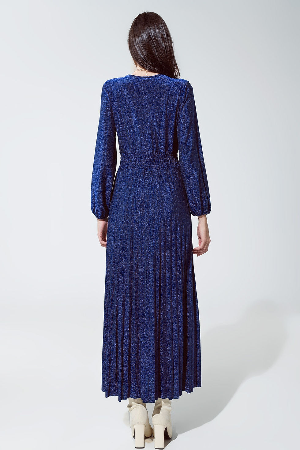 Thumbnail: 👗 Blue Shiny Fitted High Waist Maxi Trendy Dress With v Neck