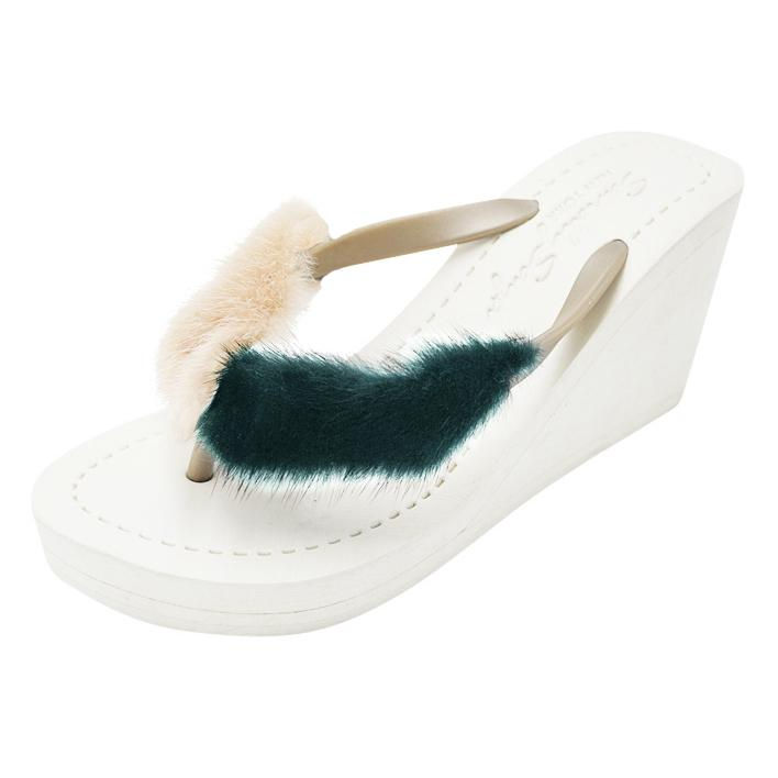 Thumbnail: 🩴Mink_Pink & Green - Authentic Fur-Adorned Women's Elevated Wedge Flip Flops
