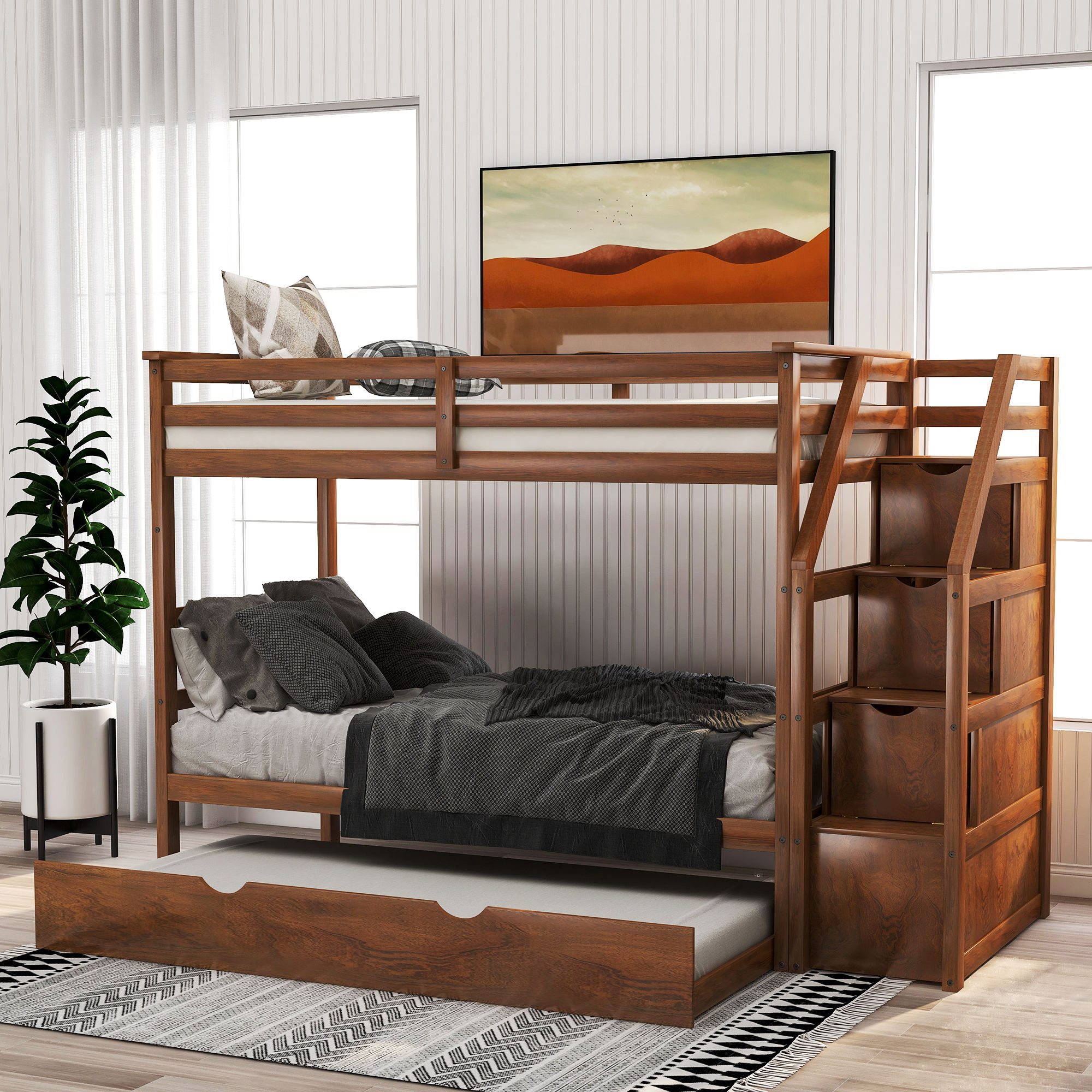 Twin-Over-Twin Bunk Bed with Twin Size Trundle and 3 Storage Stairs (Walnut)