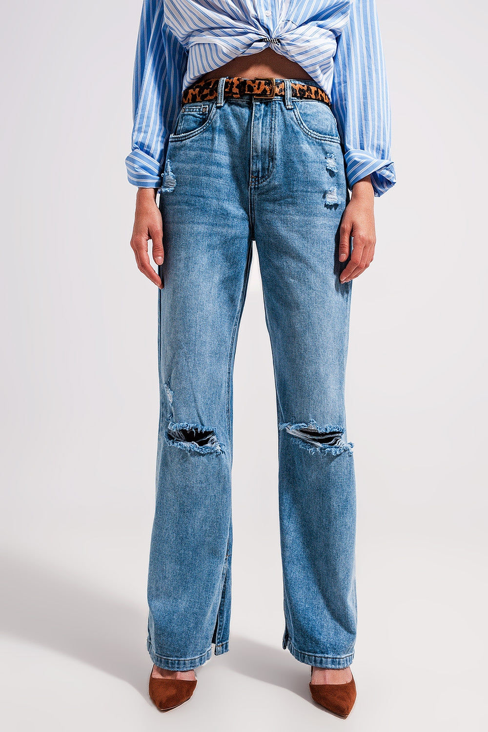 High Waist Jeans With Split Hem in Vintage Wash