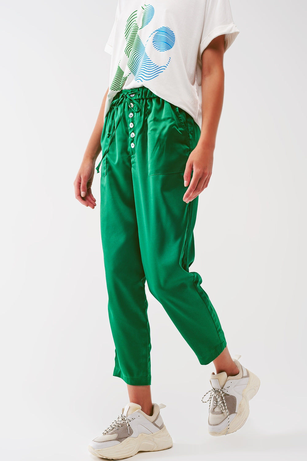 Satin Cropped Trendy Pants in Green