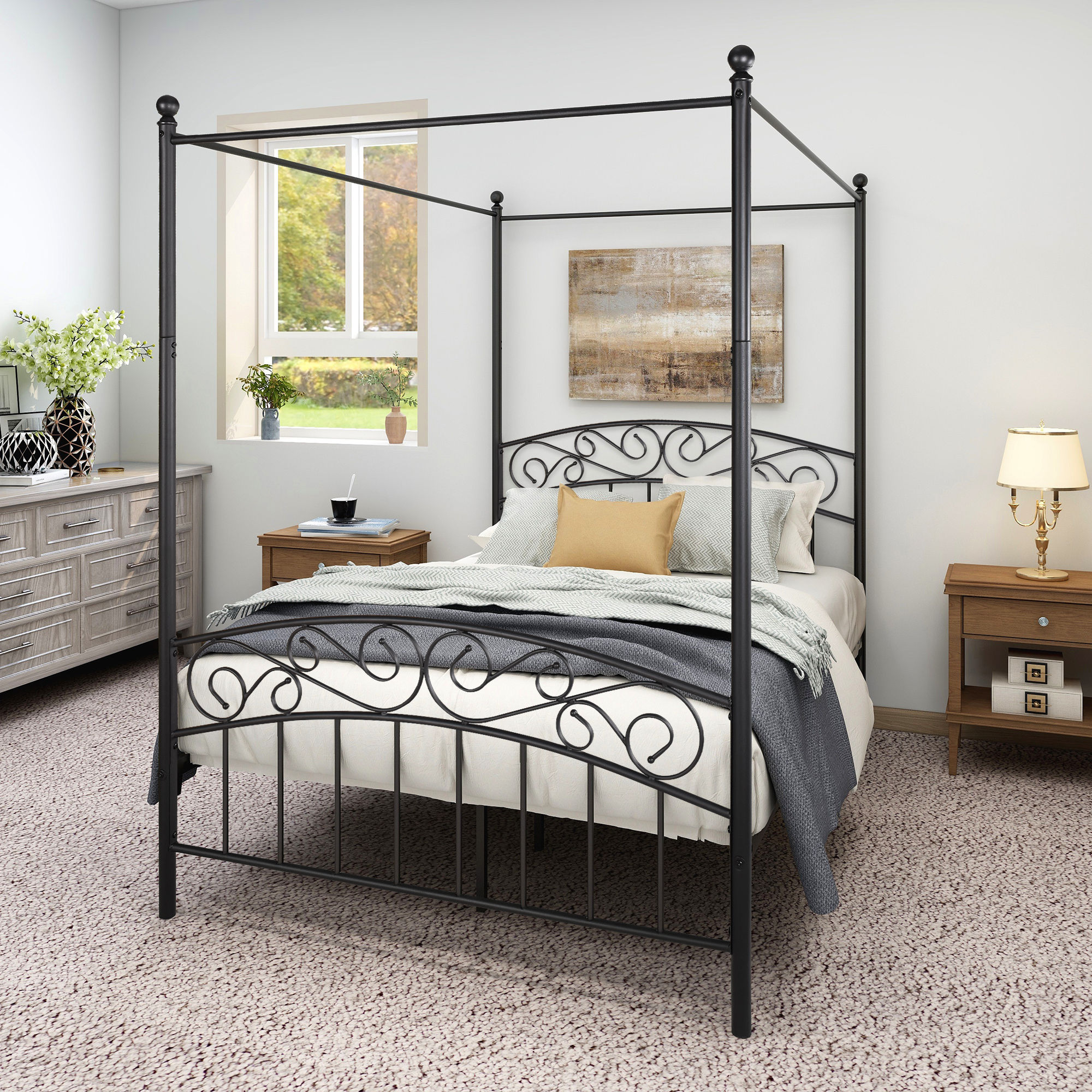 Metal Canopy Bed Frame with Ornate Style Headboard Footboard Sturdy Steel Hold