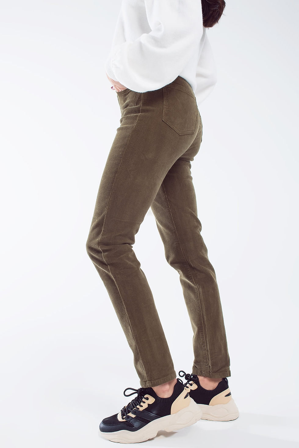 섬네일: ♀️ Skinny Cord Trendy Pants, Olive Green