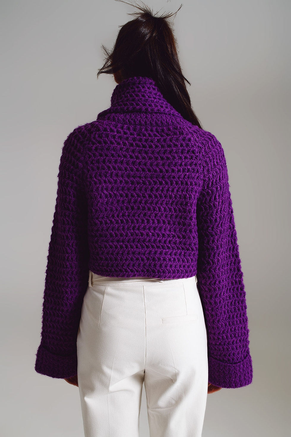Thumbnail: ♀️ Waffle Knit Trendy Jumper with Turtleneck & Rolled Cuffs in Purple
