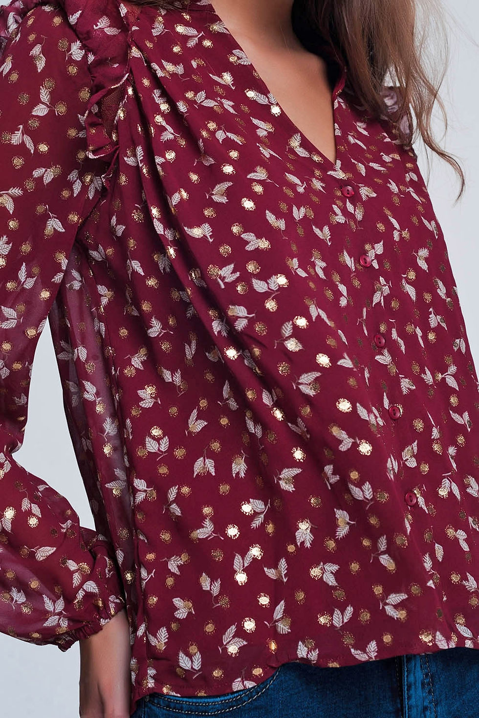 Miniatura: Print Ruffle Shoulder Maroon Shirt
