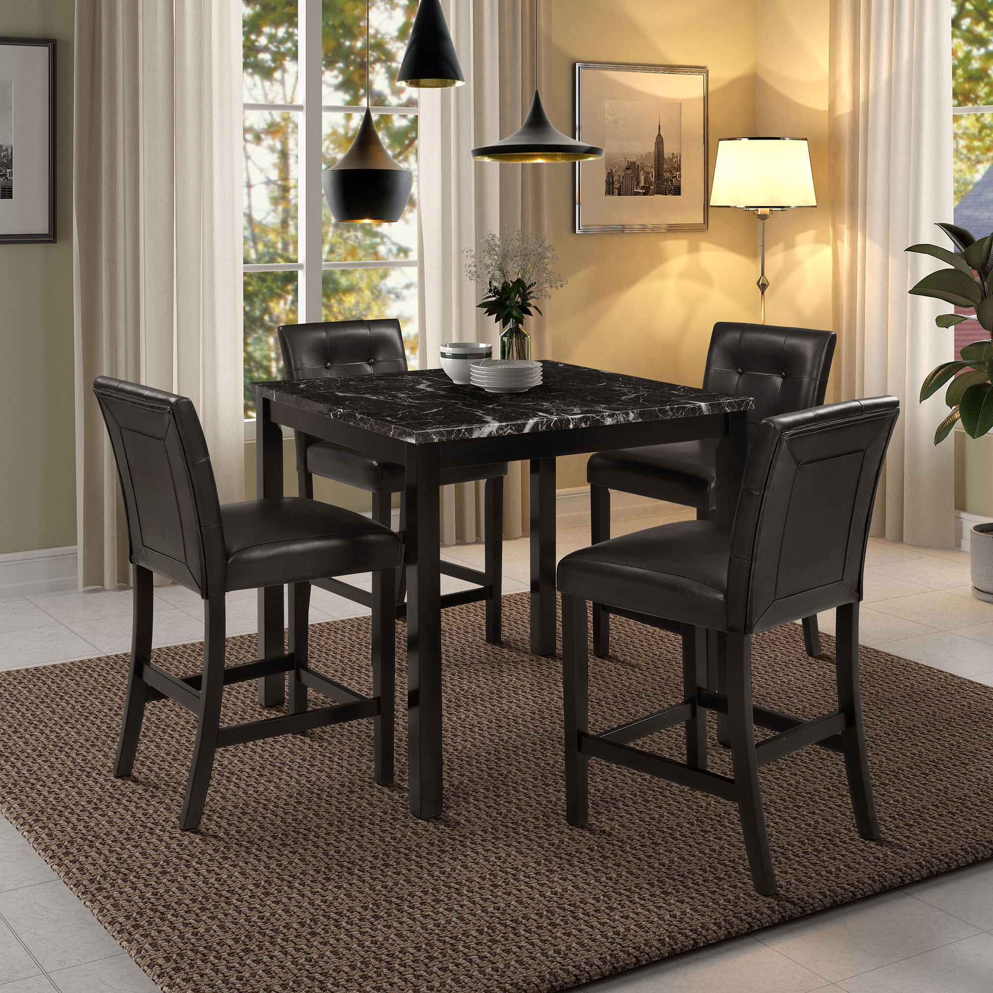 5-Piece Kitchen Table Set Marble Top Counter Height Dining Table Set with 4 Lea